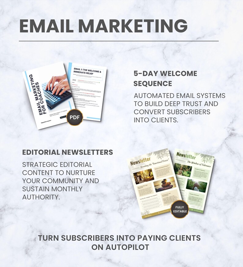 K&ouml;nnte beinhalten: Bild zur F&ouml;rderung von E-Mail-Marketing-Strategien. Der Text lautet "Email Marketing" oben. Darunter befinden sich Beispiele f&uuml;r Marketingmaterialien, darunter ein PDF-Leitfaden, eine 5-Tage-Willkommenssequenz und redaktionelle Newsletter. Ziel ist es, Abonnenten in zahlende Kunden umzuwandeln.