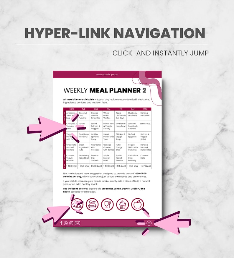 May include: A weekly meal planner in pink and white, displaying a detailed menu with clickable meal titles. The planner provides nutritional information and icons for breakfast, lunch, dinner, dessert, and snacks. The text reads "HYPER-LINK NAVIGATION" and "CLICK AND INSTANTLY JUMP."