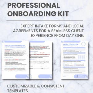 K&ouml;nnte beinhalten: Ein professionelles Onboarding-Kit mit Experten-Aufnahmeformularen und rechtlichen Vereinbarungen. Das Bild zeigt einen wei&szlig;en Hintergrund mit Text in dunkler Grauschrift. Das Kit enth&auml;lt eine Vereinbarung zum somatischen Coaching und ein Erstbewertungsformular.