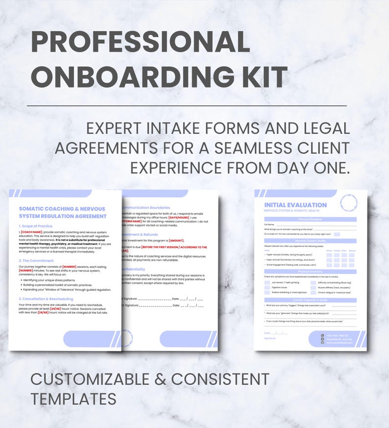 K&ouml;nnte beinhalten: Ein professionelles Onboarding-Kit mit Experten-Aufnahmeformularen und rechtlichen Vereinbarungen. Das Bild zeigt einen wei&szlig;en Hintergrund mit Text in dunkler Grauschrift. Das Kit enth&auml;lt eine Vereinbarung zum somatischen Coaching und ein Erstbewertungsformular.