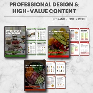 May include: Digital guides on health and nutrition. The image shows guides with titles such as "Superfoods & Adaptogens Made Simple" and "Glycemic Index Essentials." The guides feature colorful images of food and text. The top text reads "Professional Design & High-Value Content."