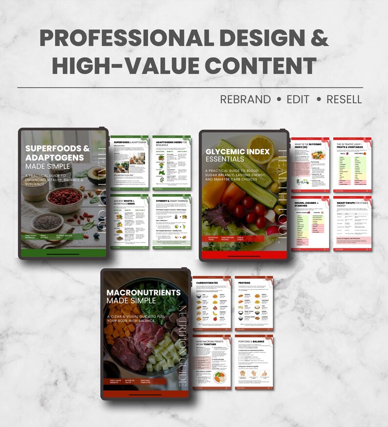 May include: Digital guides on health and nutrition. The image shows guides with titles such as "Superfoods & Adaptogens Made Simple" and "Glycemic Index Essentials." The guides feature colorful images of food and text. The top text reads "Professional Design & High-Value Content."