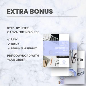 K&ouml;nnte beinhalten: Eine Reihe von Canva-Vorlagen-Anpassungsanleitungen mit hellviolettem Cover. Die Anleitungen werden mit einem Laptop, einer Brille und Schreibwaren pr&auml;sentiert. Der Text enth&auml;lt "Extra Bonus", "Canva Editing Guide" und "PDF download with your order."