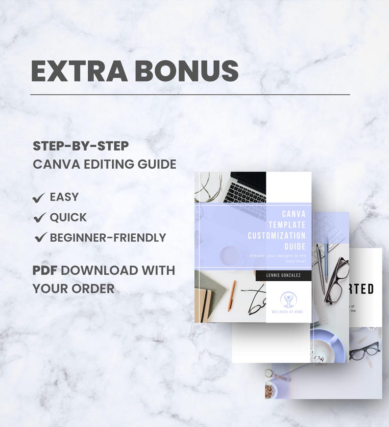 K&ouml;nnte beinhalten: Eine Reihe von Canva-Vorlagen-Anpassungsanleitungen mit hellviolettem Cover. Die Anleitungen werden mit einem Laptop, einer Brille und Schreibwaren pr&auml;sentiert. Der Text enth&auml;lt "Extra Bonus", "Canva Editing Guide" und "PDF download with your order."
