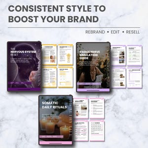 K&ouml;nnte beinhalten: Das Bild zeigt digitale Ratgeber auf Tablets. Die Ratgeber behandeln Themen wie Nervensystem-Reset, Vagusnerv-Simulation und somatische Tagesrituale. Der Text enth&auml;lt "Consistent Style to Boost Your Brand" und "Rebrand, Edit, Resell."