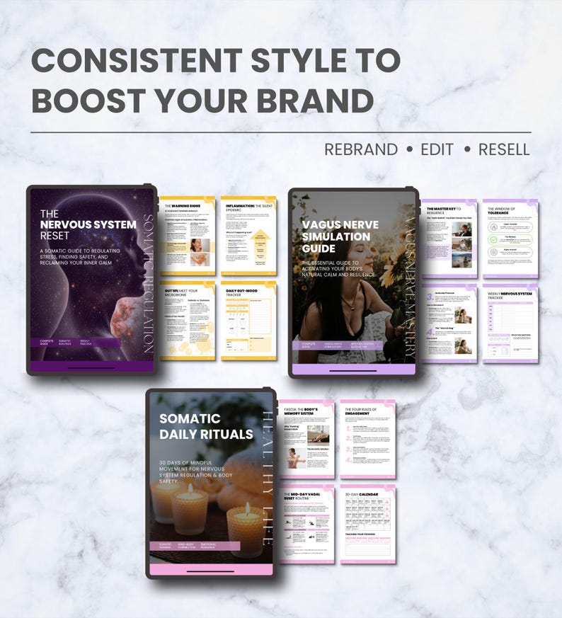 K&ouml;nnte beinhalten: Das Bild zeigt digitale Ratgeber auf Tablets. Die Ratgeber behandeln Themen wie Nervensystem-Reset, Vagusnerv-Simulation und somatische Tagesrituale. Der Text enth&auml;lt "Consistent Style to Boost Your Brand" und "Rebrand, Edit, Resell."