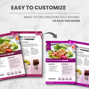 May include: A digital template for a grilled chicken salad recipe, with a photo of the dish, ingredients, and instructions. The design uses a purple and white colour scheme and includes the text "EASY TO CUSTOMIZE".
