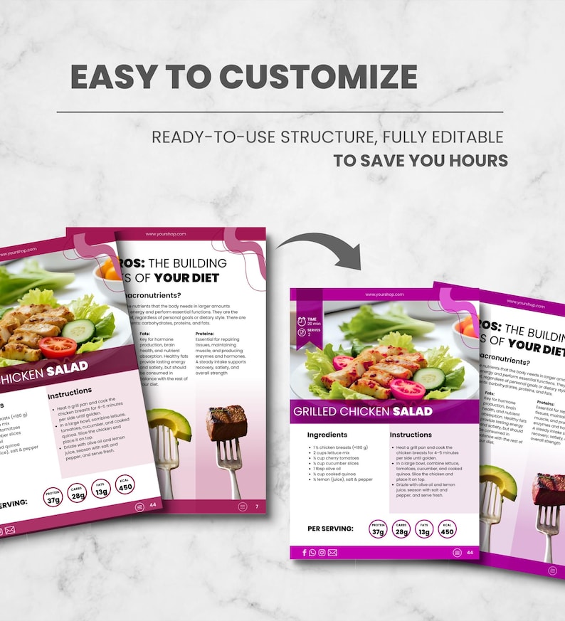 May include: A digital template for a grilled chicken salad recipe, with a photo of the dish, ingredients, and instructions. The design uses a purple and white colour scheme and includes the text "EASY TO CUSTOMIZE".