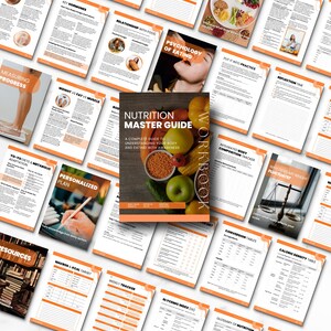 May include: A set of printed pages with orange detailing, including the title "Nutrition Master Guide" and topics on diet and health. The cover shows a selection of fruits and vegetables. The pages contain charts and text.