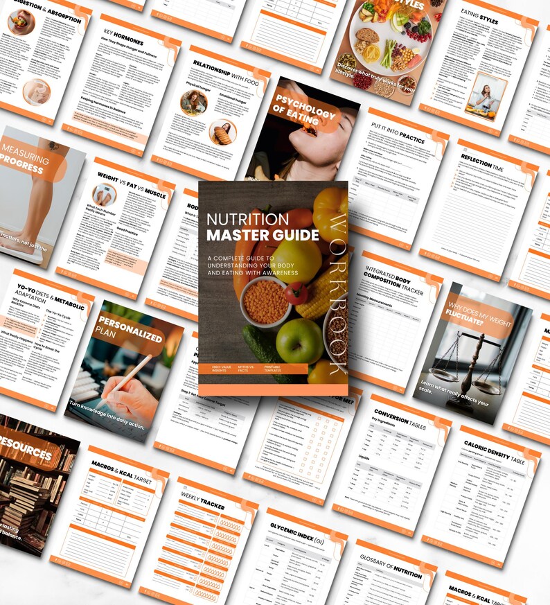 May include: A set of printed pages with orange detailing, including the title "Nutrition Master Guide" and topics on diet and health. The cover shows a selection of fruits and vegetables. The pages contain charts and text.