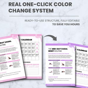 K&ouml;nnte beinhalten: Rosa und wei&szlig;e druckbare Vorlagen mit dem Text "REAL ONE-CLICK COLOR CHANGE SYSTEM" und "READY-TO-USE STRUCTURE, FULLY EDITABLE TO SAVE YOU HOURS". Die Vorlagen enthalten Kalender und Routinen.