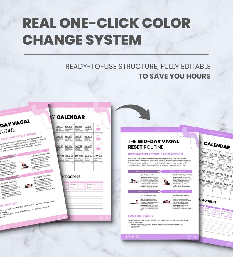 K&ouml;nnte beinhalten: Rosa und wei&szlig;e druckbare Vorlagen mit dem Text "REAL ONE-CLICK COLOR CHANGE SYSTEM" und "READY-TO-USE STRUCTURE, FULLY EDITABLE TO SAVE YOU HOURS". Die Vorlagen enthalten Kalender und Routinen.