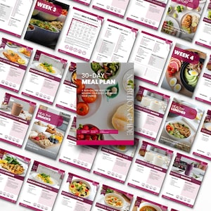 May include: A selection of meal plan guides and recipes, including a 30-day meal plan, shopping lists, and recipes for everyday meals. The guides have a white background with pink accents and food images.