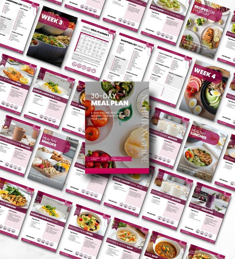 May include: A selection of meal plan guides and recipes, including a 30-day meal plan, shopping lists, and recipes for everyday meals. The guides have a white background with pink accents and food images.
