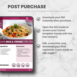 May include: A digital recipe template for Brown Rice & Veggie Stir-Fry, with nutritional information. The image includes instructions, ingredients, and a call to download a PDF instantly after purchase.