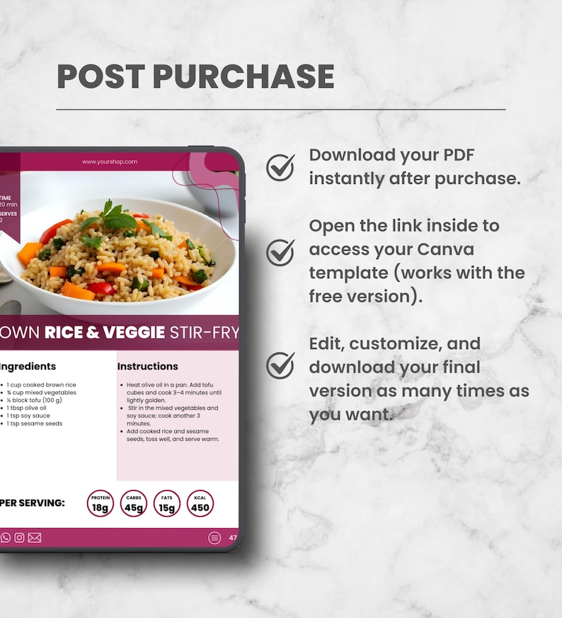 May include: A digital recipe template for Brown Rice & Veggie Stir-Fry, with nutritional information. The image includes instructions, ingredients, and a call to download a PDF instantly after purchase.