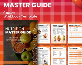 Nutrition Master Guide Workbook PLR, Nutrition Coach Canva Template, 90+ Pages Healthy Eating Guide, Meal Planning & Trackers