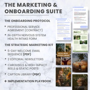 K&ouml;nnte beinhalten: Eine Werbegrafik mit dem Titel "The Marketing & Onboarding Suite". Sie enth&auml;lt eine Liste von Dienstleistungen wie eine professionelle Dienstleistungsvereinbarung, ein Gesundheitsaufnahmeformular und eine 5-Tage-Willkommens-E-Mail-Sequenz. Ebenfalls enthalten sind eine Social-Media-Bildunterschriftenbibliothek und Newsletter.
