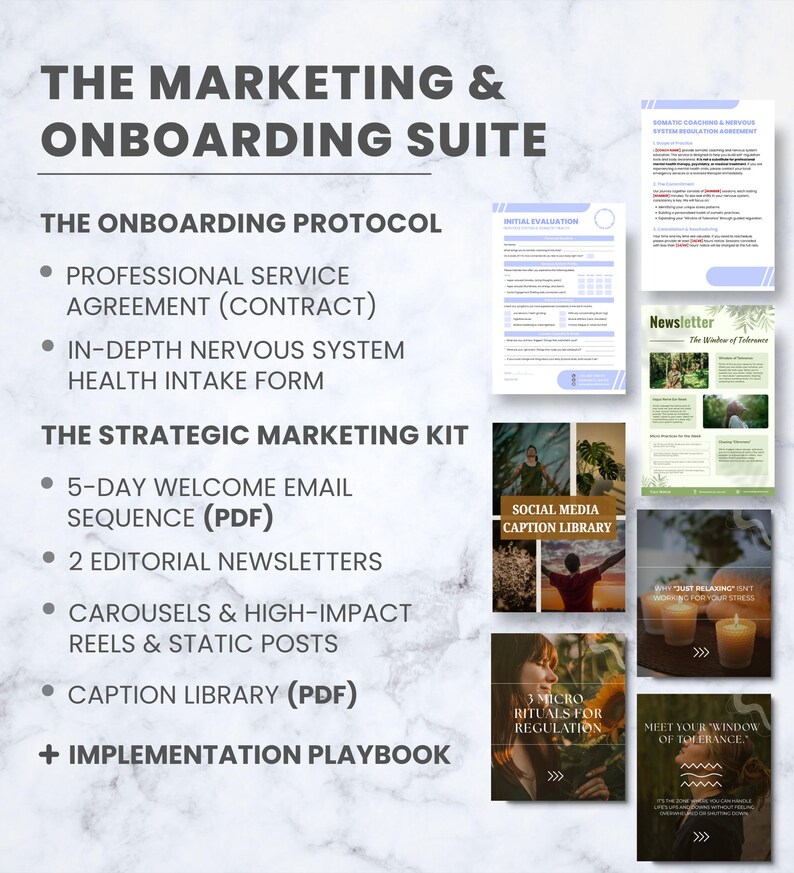 K&ouml;nnte beinhalten: Eine Werbegrafik mit dem Titel "The Marketing & Onboarding Suite". Sie enth&auml;lt eine Liste von Dienstleistungen wie eine professionelle Dienstleistungsvereinbarung, ein Gesundheitsaufnahmeformular und eine 5-Tage-Willkommens-E-Mail-Sequenz. Ebenfalls enthalten sind eine Social-Media-Bildunterschriftenbibliothek und Newsletter.
