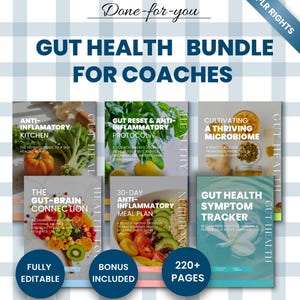 Gut Health PLR Bundle for Wellness Coaches, 6 Ebooks, Canva Templates Master Resell Rights, Anti-Inflammatory Nutrition Guide
