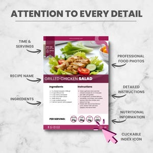 May include: Recipe card for Grilled Chicken Salad, featuring a photo of the dish. The card details ingredients, instructions, and nutritional data. The text "ATTENTION TO EVERY DETAIL" is at the top.