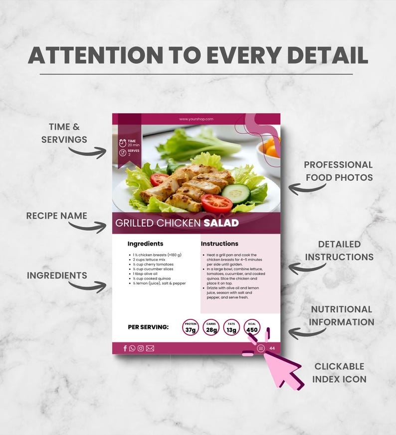 May include: Recipe card for Grilled Chicken Salad, featuring a photo of the dish. The card details ingredients, instructions, and nutritional data. The text "ATTENTION TO EVERY DETAIL" is at the top.