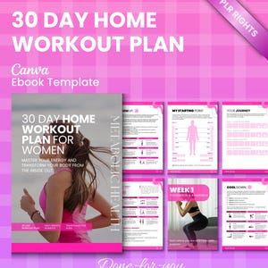 Puede incluir: Una plantilla de libro electrónico rosa y blanco titulada "30 Day Home Workout Plan for Women". La portada presenta a una mujer con ropa de entrenamiento. La plantilla incluye páginas para entrenamientos, momentos diarios y guías de transformación. El texto "PLR Rights" es visible.
