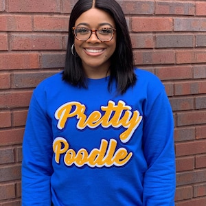 May include: A blue sweatshirt with the text "Pretty Poodle" in a yellow and white design. The sweatshirt is worn by a person with dark hair and glasses, standing in front of a brick wall.