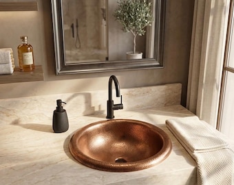 Hand Hammered Copper Bathroom Sink – Rounded Rim Vessel Sink – Rustic Farmhouse Vanity Basin – Antique Copper Undermount / Drop-In Sink