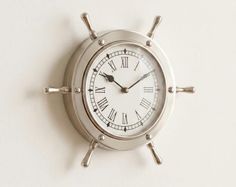 Silver Nautical Ship Wheel Wall Clock | Coastal Beach House Decor | Maritime Wall Accent | Modern Coastal Living | Wall Clock Outdoor Decor