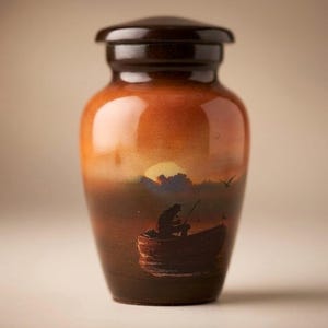 May include: A cylindrical cremation urn with a dark brown lid and a smooth, glossy finish. The body features a gradient color scheme transitioning from orange at the top to dark brown at the base, depicting a silhouette of a person fishing in a boat.