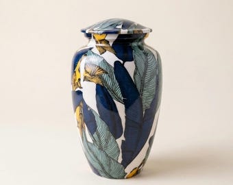Tropical Leaf Cremation Urn for Human Ashes – Modern Blue Botanical Memorial Urn, Elegant Floral Funeral Urn for Adults