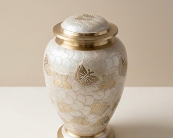 Butterfly Brass Cremation Urn for Ashes – Marble Finish Memorial Urn | Adult Size | Elegant Keepsake Urn | Handcrafted Brass White Gold Urn