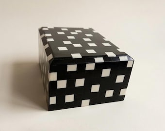 Black Mosaic Keepsake Box, Handmade Bone Inlay Storage Box, Decorative Hidden Compartment Box, Modern Geometric Decor, Luxury Trinket Box