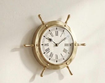 Golden Nautical Ship Wheel Wall Clock | Coastal Beach House Decor | Maritime Wall Accent | Modern Coastal Living | Wall Clock