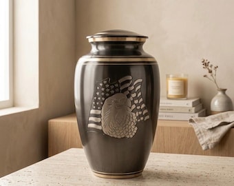 American Eagle Cremation Urn for Ashes – Black & Gold Memorial Urn – Adult Funeral Urn with USA Flag Engraving – Elegant Keepsake for Loved