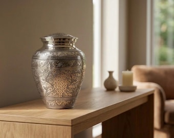 Brass Cremation Urn for Ashes – Hand Engraved Floral Design, Adult Funeral Urn, Secure Lid Memorial Urn, Elegant Keepsake, Tribute Decor