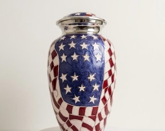Patriotic Cremation Urn – American Flag Memorial Urn for Ashes, Adult Funeral Urn, Veteran Tribute, Handcrafted Metal Keepsake.