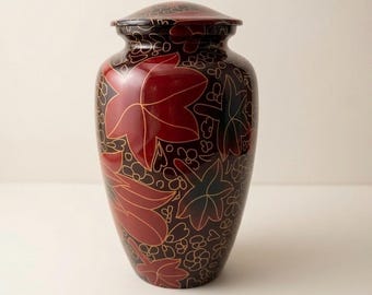 Handcrafted Floral Cremation Urn for Human Ashes | Burgundy Memorial Urn | Decorative Adult Funeral Urn