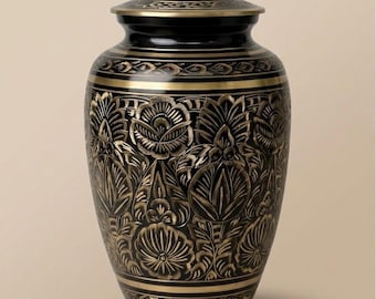 Black & Gold Cremation Urn for Human Ashes | Engraved Brass Memorial Urn | Adult Funeral Urn | Handcrafted Keepsake