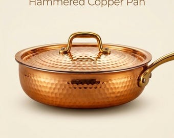 Hammered Copper Pot with Lid – Premium Copper Skillet, Non Stick Cooking Pan, Kitchen & Serving Vessel, Modern Copper Kitchen Cookware