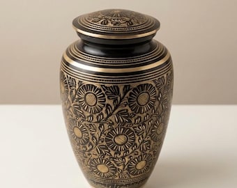 Black & Gold Cremation Urn for Ashes | Hand Engraved Brass Memorial Urn | Mandala Floral Design | Elegant Funeral Urn for Adult | Keepsake