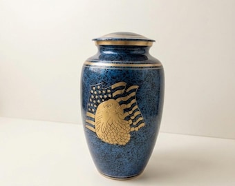 American Eagle Cremation Urn – Blue Memorial Urn for Ashes, Hand Engraved Brass Funeral Urn, Large Adult Keepsake Memorial