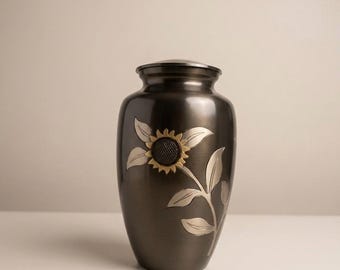 Sunflower Cremation Urn for Human Ashes, Matte Black Memorial Urn, Handcrafted Floral Keepsake Urn, Elegant Decorative Sympathy Gift
