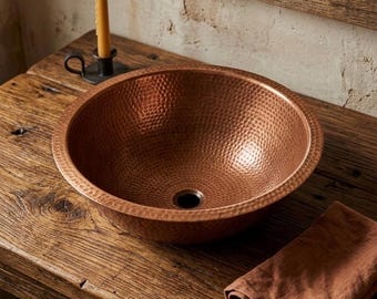 Hammered Copper Bathroom Tabletop Sink – Handmade Vessel Sink, Rustic Farmhouse Vanity Bowl, Solid Copper Wash Basin Durable & Unique Finish