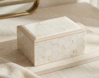 Ivory Hexagon Mosaic Keepsake Box | Hidden Bottom Storage Box | Decorative Memory Box | Neutral Home Decor Accent | Handmade Gift Box