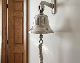Handmade Nautical Door Bell – Polished Aluminum Wall Bell with Rope Pull – Coastal Entryway Accent—4inch