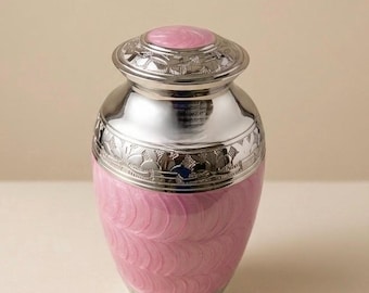 Pink Cremation Urn for Human Ashes, Handcrafted Pearl Finish Memorial Urn, Elegant Silver Keepsake Urn, Decorative Sympathy Gift