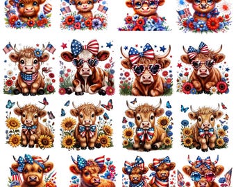 Vaca de las Tierras Altas, 4 de julio, PNG, diseño patriótico de la bandera de EE. UU. para sublimación (descarga digital)