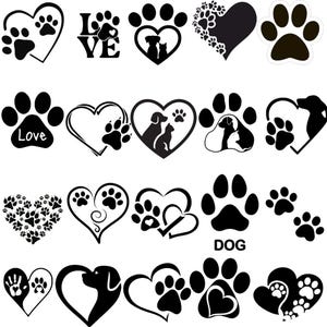 Pode incluir: Uma coleção de designs em preto e branco com tema de animais de estimação. As imagens incluem pegadas, corações e silhuetas de cães e gatos. Alguns designs incorporam a palavra "Love" ou a palavra "Dog".